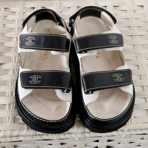 Chanel Leather Velcro CC Logo Platform Dad Sandals 90's Y2K Minimalist Designer - Picture 6 of 16
